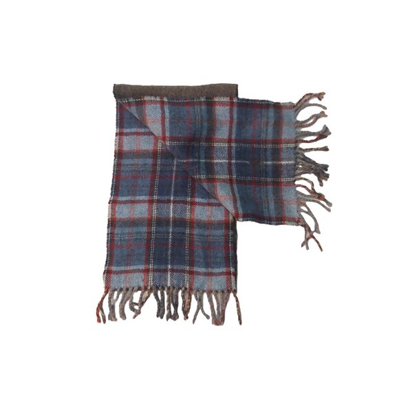 POLO Ralph Lauren Brown Tweed Blue Plaid Reversible Scarf Embroidered Polo Logo - Picture 5 of 6